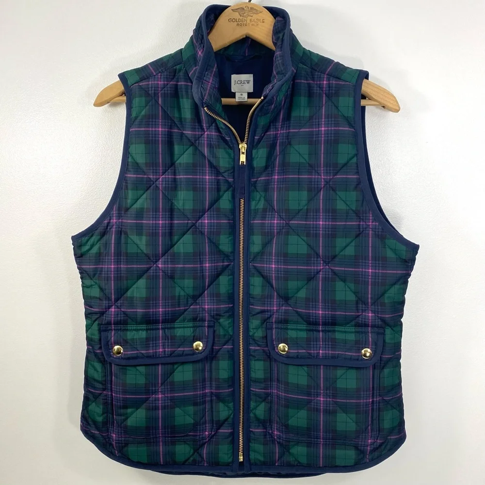 J. Crew Tartan Plaid Quilted Insulated Puffer Vest Jacket Navy Blue Green Pink S